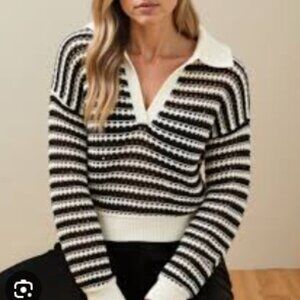 INDUSTRY Open‎ Knit Stripe Black Cream Johnny Collar Sweater Sz S